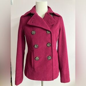 Women’s Double Breasted Wool Blend Pea Coat, S, Raspberry, Aeropostale